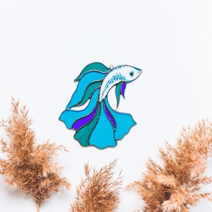 Stained Glass Betta Fish Suncatcher: Siamese Fighting Fish Window Hanging Mother's Day Gift Blue Fish # 1