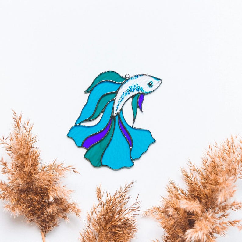 Stained Glass Betta Fish Suncatcher: Siamese Fighting Fish Window Hanging Mother's Day Gift Blue Fish # 1