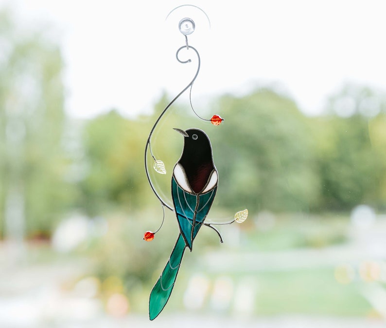 Magpie bird stained glass suncatcher window hanging Mother's Day gift gift Home decor image 4