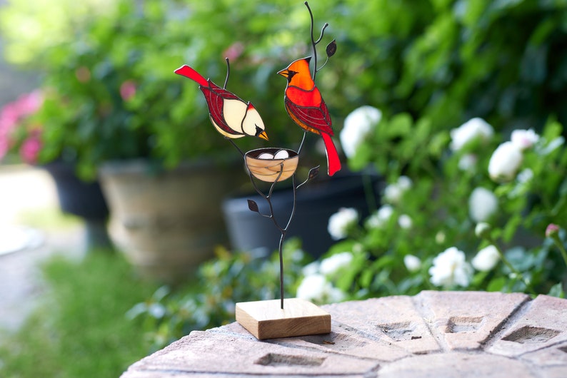 Stained glass red cardinal couple Table decor for living room Stained glass cardinal suncatcher family gift Custom stained glass modern image 5