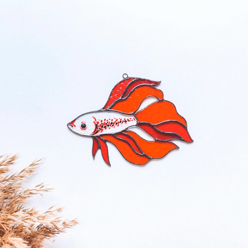 Stained Glass Betta Fish Suncatcher: Siamese Fighting Fish Window Hanging Mother's Day Gift Red Fish # 3