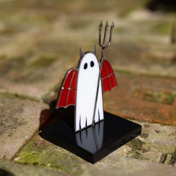 Stained Glass Halloween Ghost With Red Wings and Pitchfork - Table 