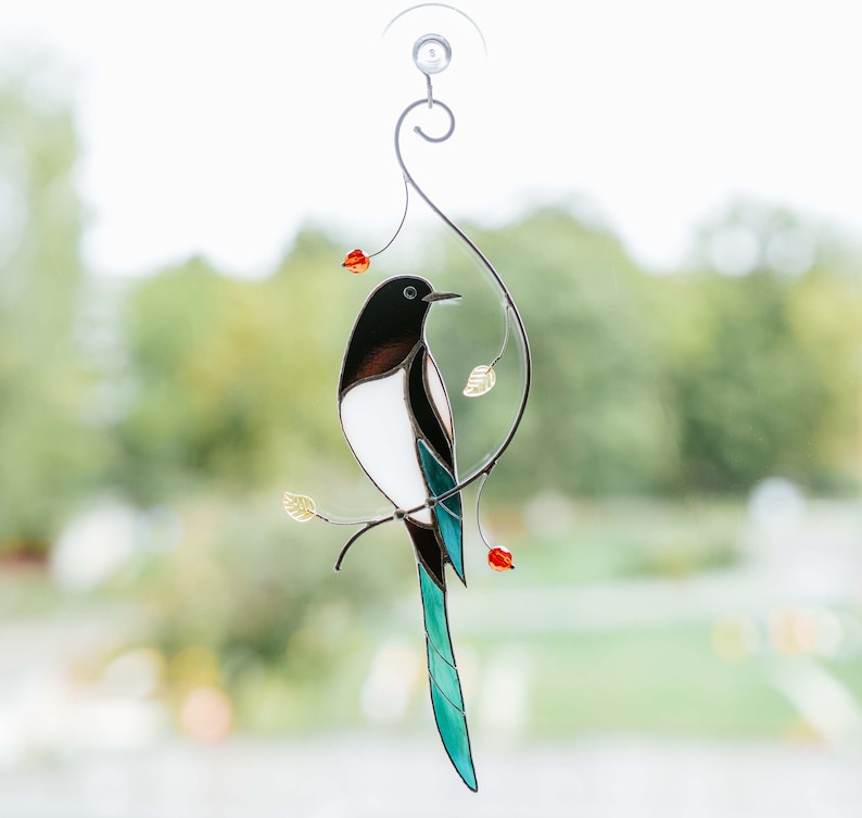 Magpie bird stained glass suncatcher window hanging Mother's Day gift gift Home decor image 7