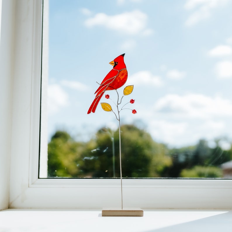 Red cardinal suncatcher Window decor Stained glass home decor Father's Day gift idea Home decor indoor image 8