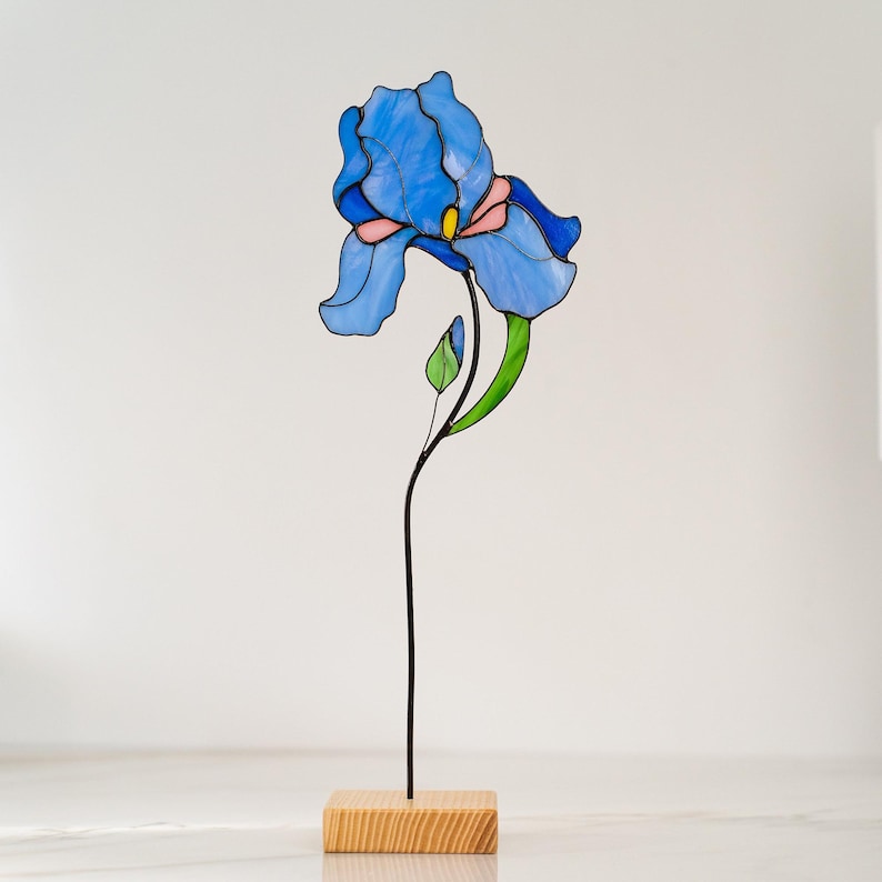 Blue Iris Stained Glass Flower Table Decor, Handmade Floral Suncatcher Mother’s Day Gift image 1