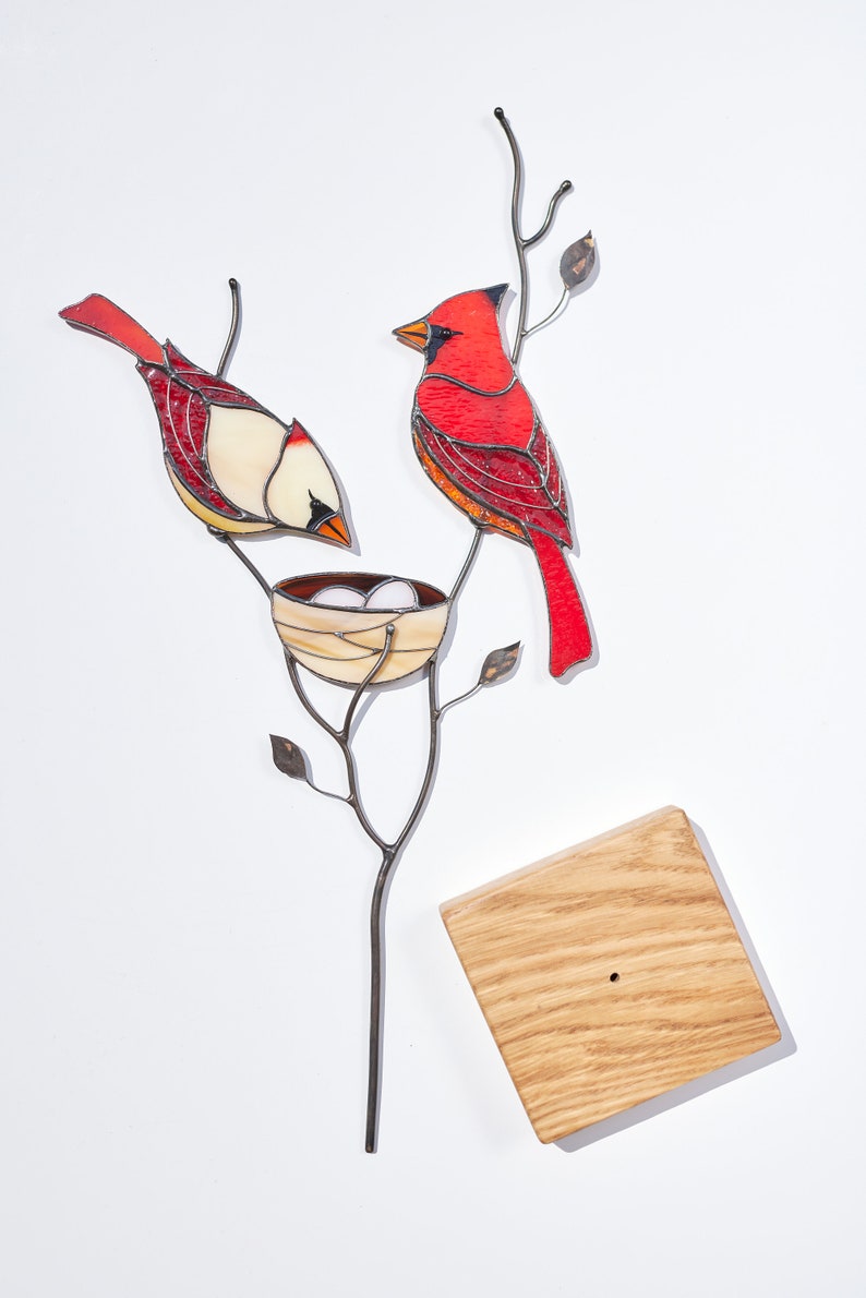 Stained glass red cardinal couple Table decor for living room Stained glass cardinal suncatcher family gift Custom stained glass modern image 6