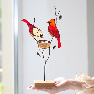 Stained glass red cardinal couple Table decor for living room Stained glass cardinal suncatcher family gift Custom stained glass modern image 9