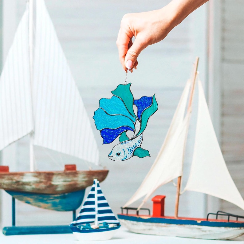 Stained Glass Betta Fish Suncatcher: Siamese Fighting Fish Window Hanging Mother's Day Gift Blue Fish # 2