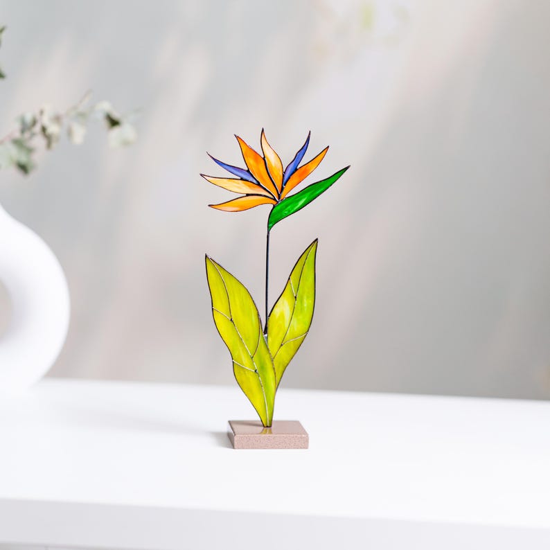 Stained Glass Bird of Paradise Flower Table Decor Handmade Garden Stake ...