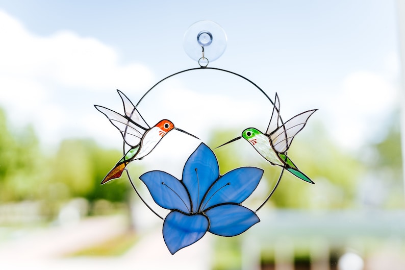 Suncatcher hummingbird window hangings Bird art modern decor Gift for women blue flower