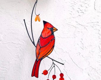 Acchiappasole In Vetro Colorato Con Cardinali | Da Appendere Alla Finestra | Regalo Per Mamma | Decorazione Colorata Per Casa