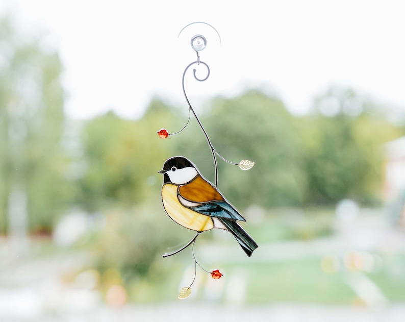 Chickadee bird Window hangings stained glass suncatcher Bird lover gift Home decor ornaments Gift for father Christmas gift image 1