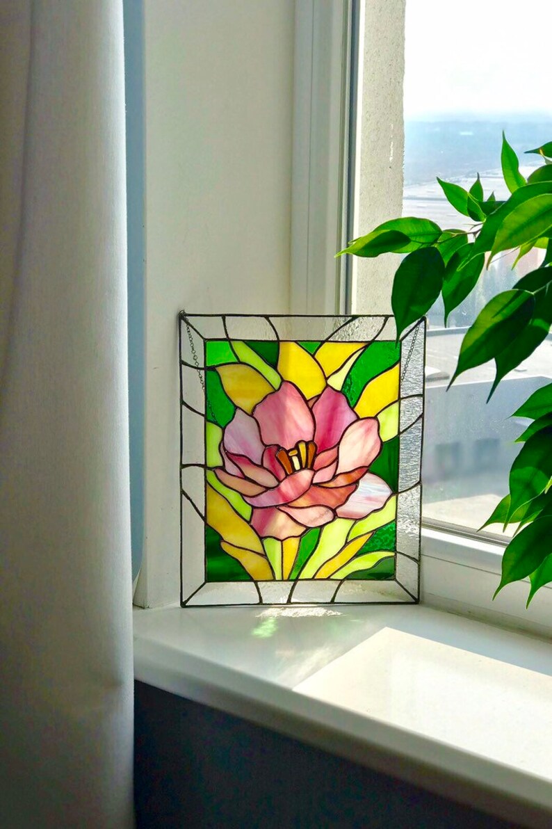 Peony Stained Glass Panel Window Hanging Stained Glass Home Etsy