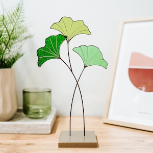 Stained Glass Gingko Leaf Table Decor Suncatcher on Stone Stand - Living Room Art, Gift for Dad, Plant Lover Gift