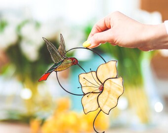 LymDin Kolibri-Sonnenfänger – Handgefertigt Aus Echtem Buntglas, 17,5x14 Cm, Fensterdekoration