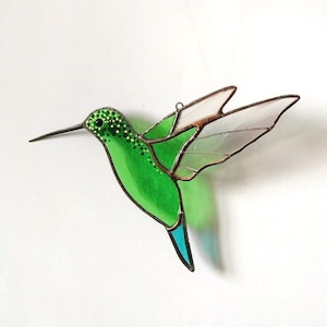 Hummingbird stained glass suncatcher window hanging gift for mom, sister, anniversary, home decor, Christmas gift Green bird/blue tail