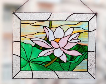 Stained glass panel lotus flower window hangings mom gift Custom stained glass panel lotus flower gift for Mother's Day