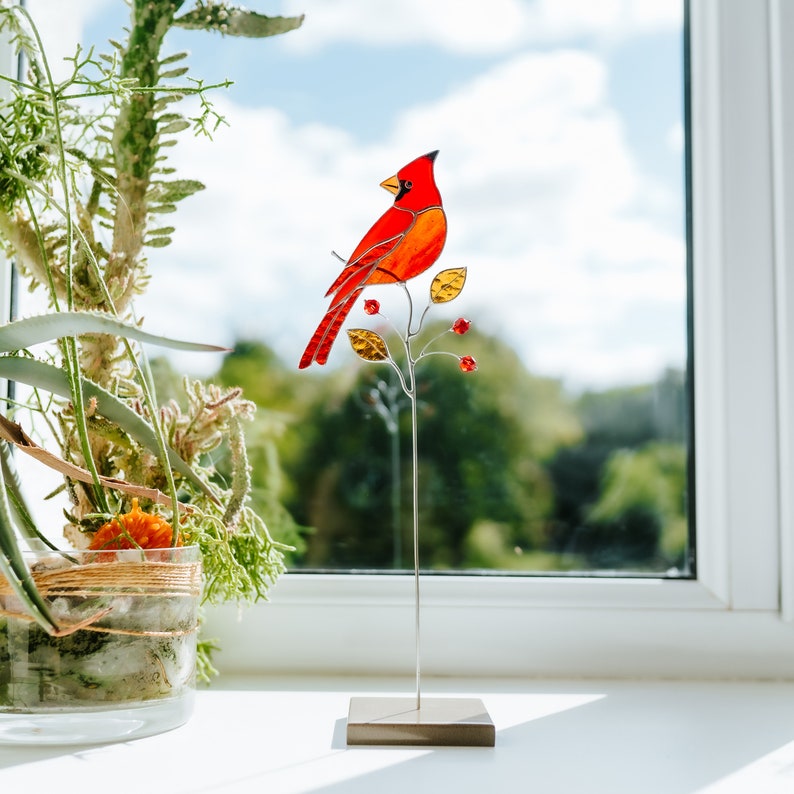 Red cardinal suncatcher Window decor Stained glass home decor Father's Day gift idea Home decor indoor image 2