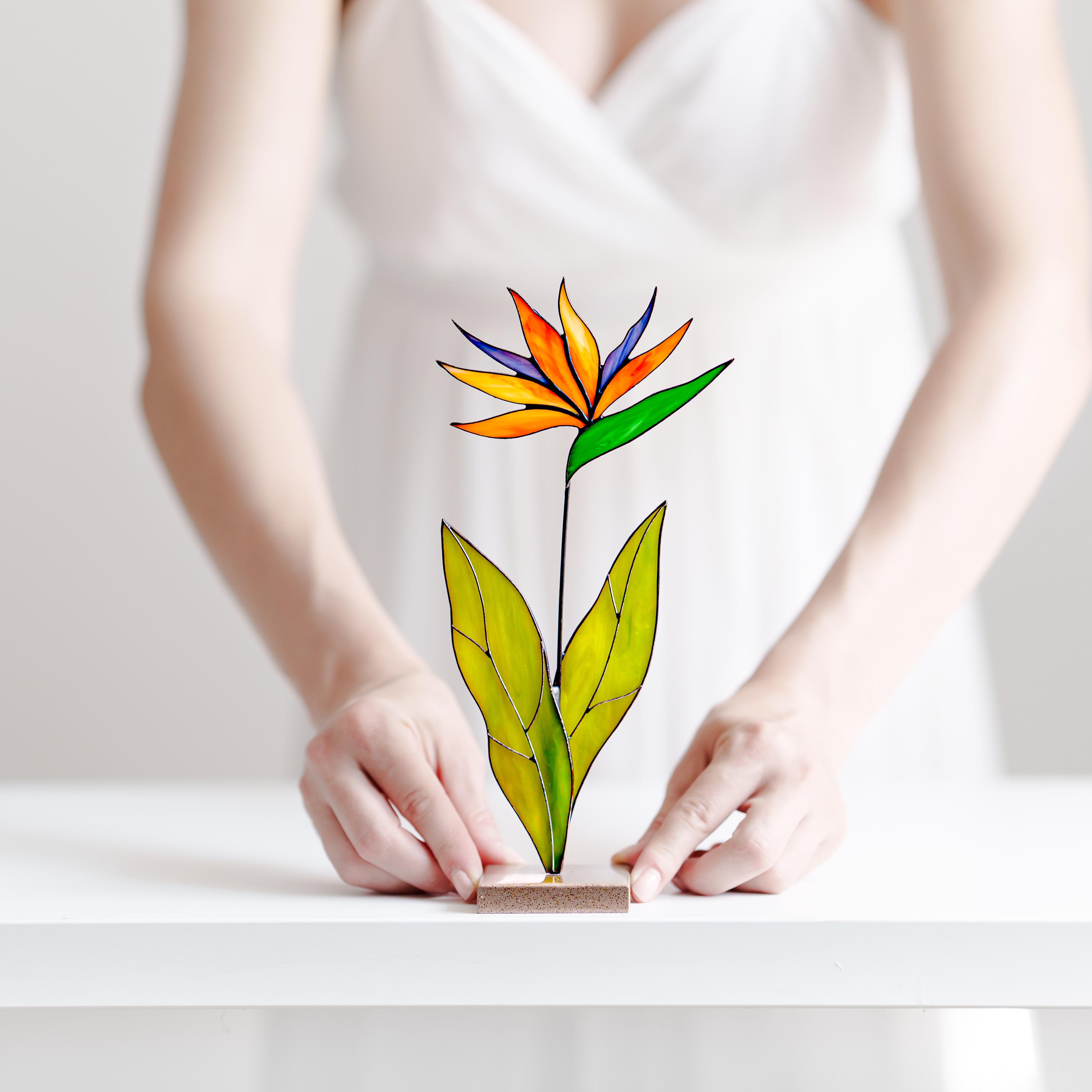 Stained Glass Bird of Paradise Flower Table Decor Handmade Garden Stake ...