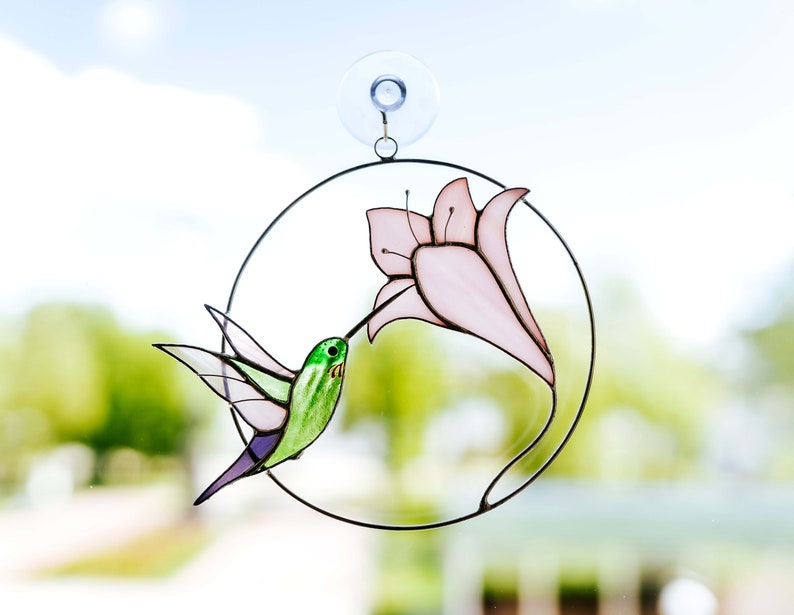 Stained Glass Window Hangings Hummingbird With Flower - Etsy