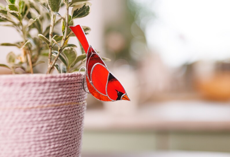 Stained glass Red cardinal planter decor Gift for mom Bird lover gift Mother's Day gift Farmhouse decor image 8