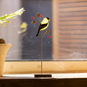Goldfinch stained glass suncatcher on a stone stand Table decor Modern art Gift for for mother Christmas gift image 4