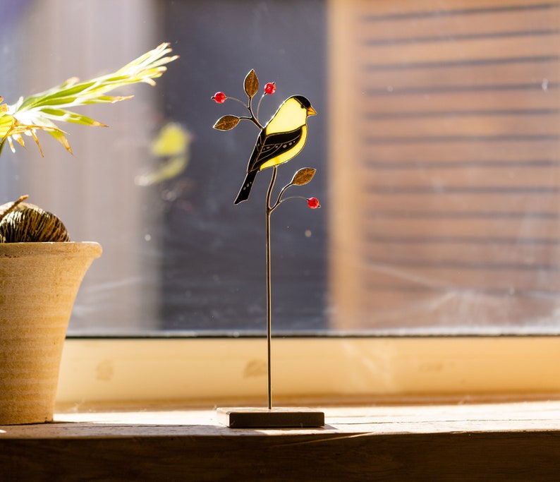 Goldfinch stained glass suncatcher on a stone stand Table decor Modern art Gift for for mother Christmas gift image 4