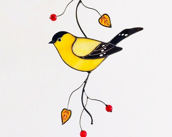 Suncatcher Goldfinch stained glass window home decor Bird lover gift Stained glass window hanging Christmas gift for Mom