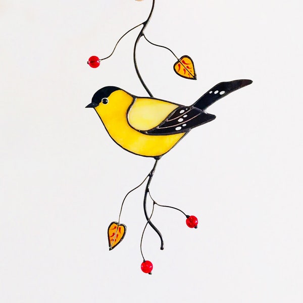Suncatcher Goldfinch stained glass window home decor Bird lover gift Stained glass window hanging Christmas gift for Mom