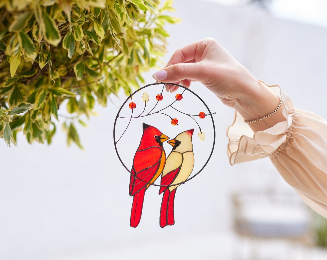Marwey Cardinal Suncatcher, Cardinal Stained Glass Window Hanging, Red Birds Decor For Window, 6.3in Colorful Hand Painted Glass Hanging