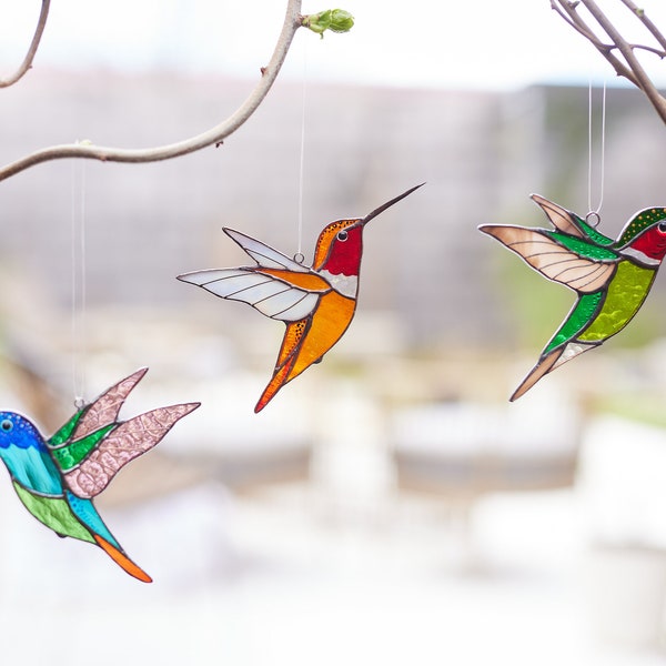 Kolibrie suncatcher raamhangers Set van 3 kolibries Vogelliefhebber cadeau Gebrandschilderd glas decor Cadeau voor moeder Glazen vogel decor