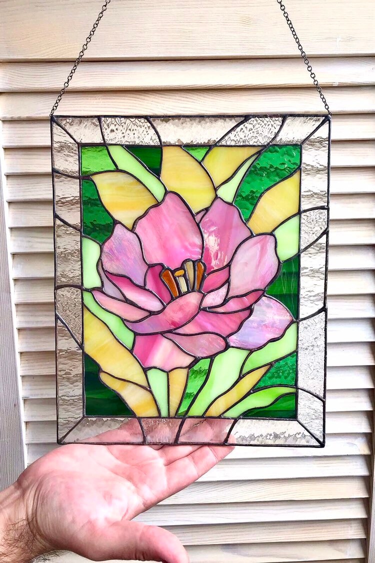 Peony Stained Glass Panel window hanging stained glass home Etsy