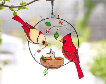 Red cardinal family stained glass suncatcher Couple of red cardinals ornament Custom gift for family Window hangings suncatcher