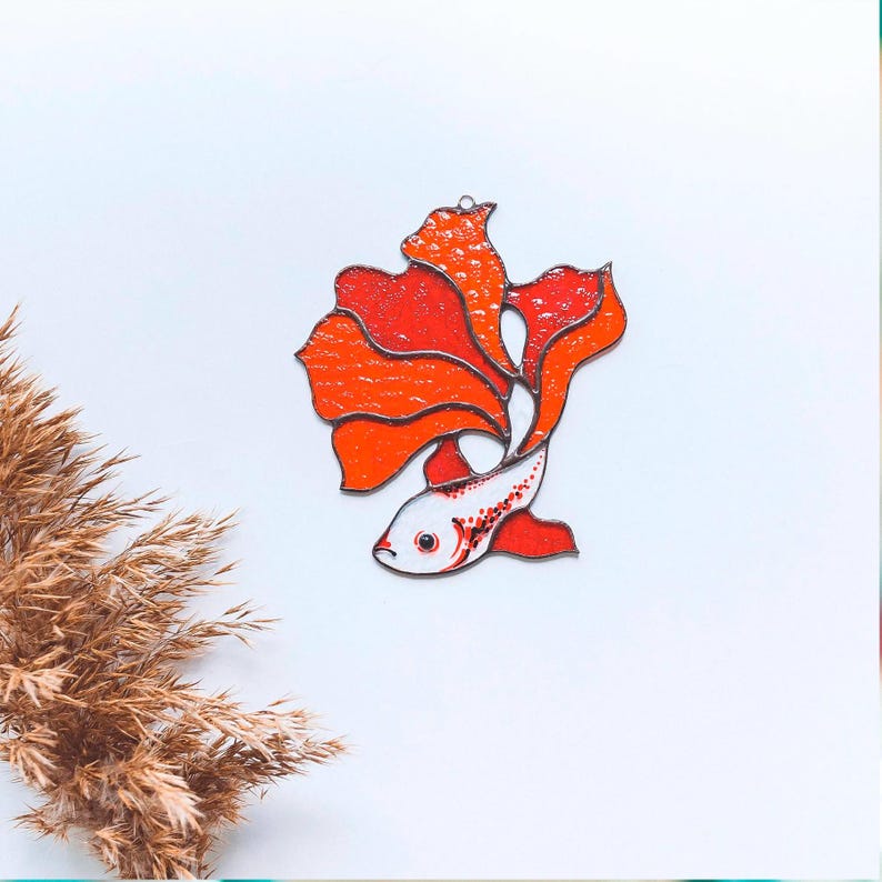 Stained Glass Betta Fish Suncatcher: Siamese Fighting Fish Window Hanging Mother's Day Gift Red Fish # 2