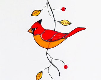 Stained glass red cardinal suncatcher Stained glass bird lover gift Custom stained glass window hangings home decor Gift for mom