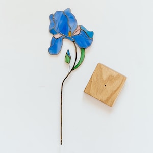 Blue Iris Stained Glass Flower Table Decor, Handmade Floral Suncatcher Mother’s Day Gift Wood Stand