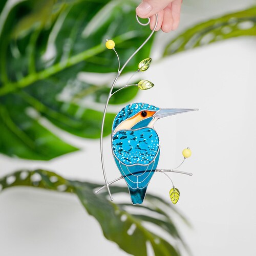 Stained Glass Kingfisher Suncatcher: Handmade Bird Window Hanging Gift for Mom