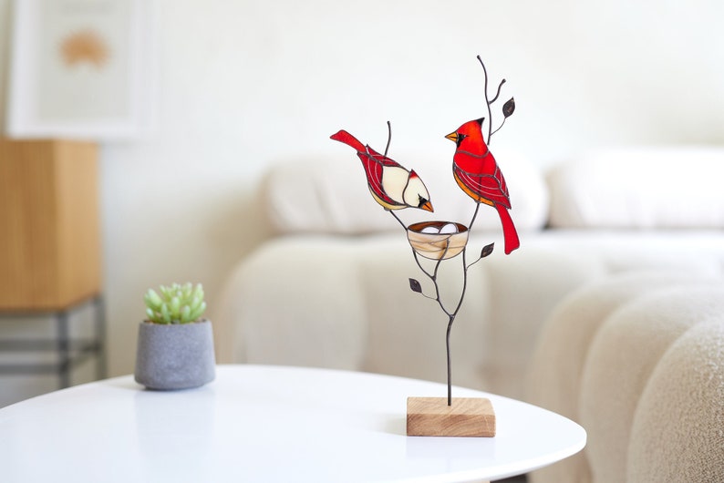 Stained glass red cardinal couple Table decor for living room Stained glass cardinal suncatcher family gift Custom stained glass modern image 1