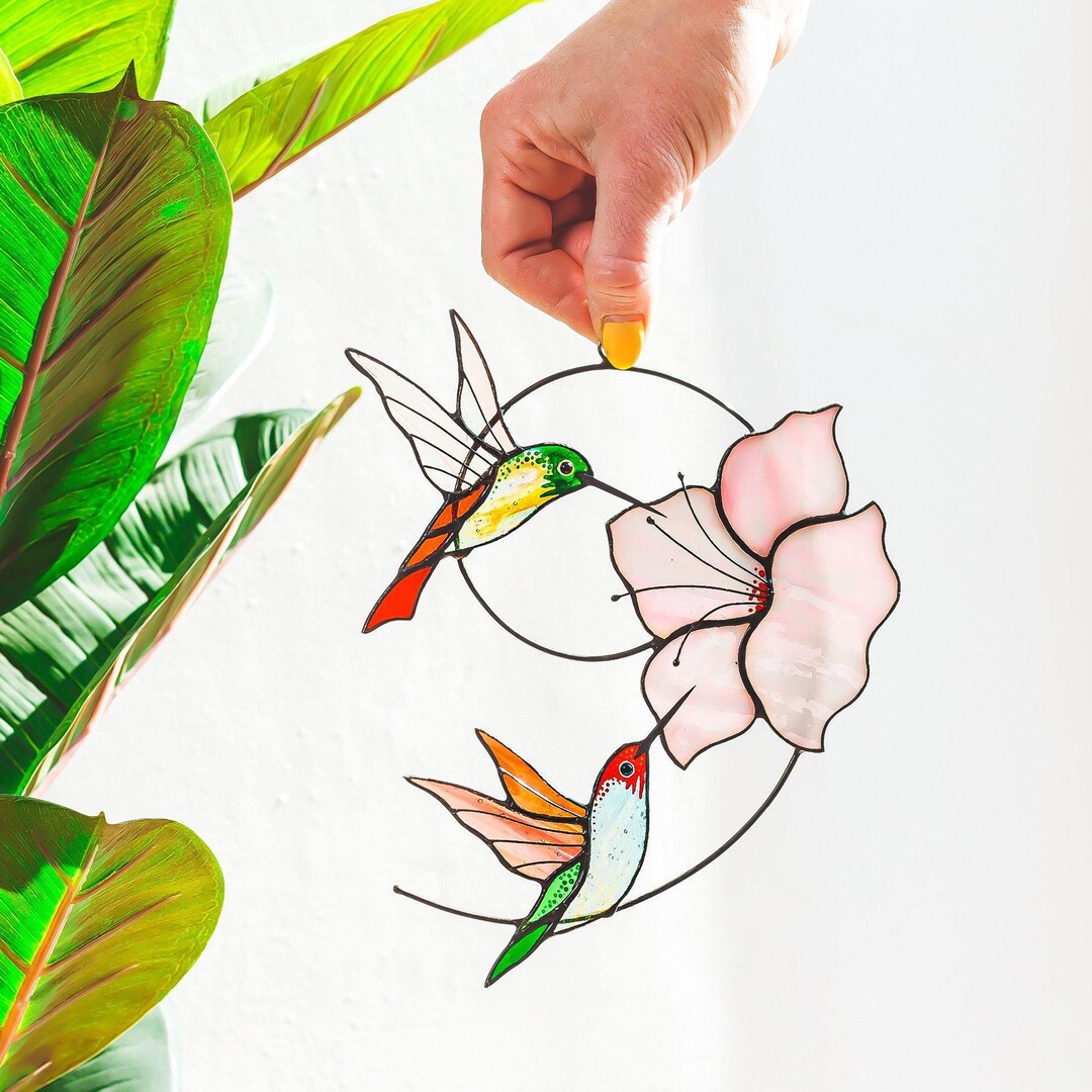 Hummingbird Couple With Flower Stained Glass Suncatcher