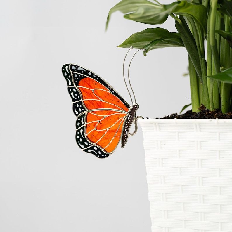 Stained Glass Butterfly Monarch Suncatcher pot decoration gift for women Light catcher Sun Room Decor Village style