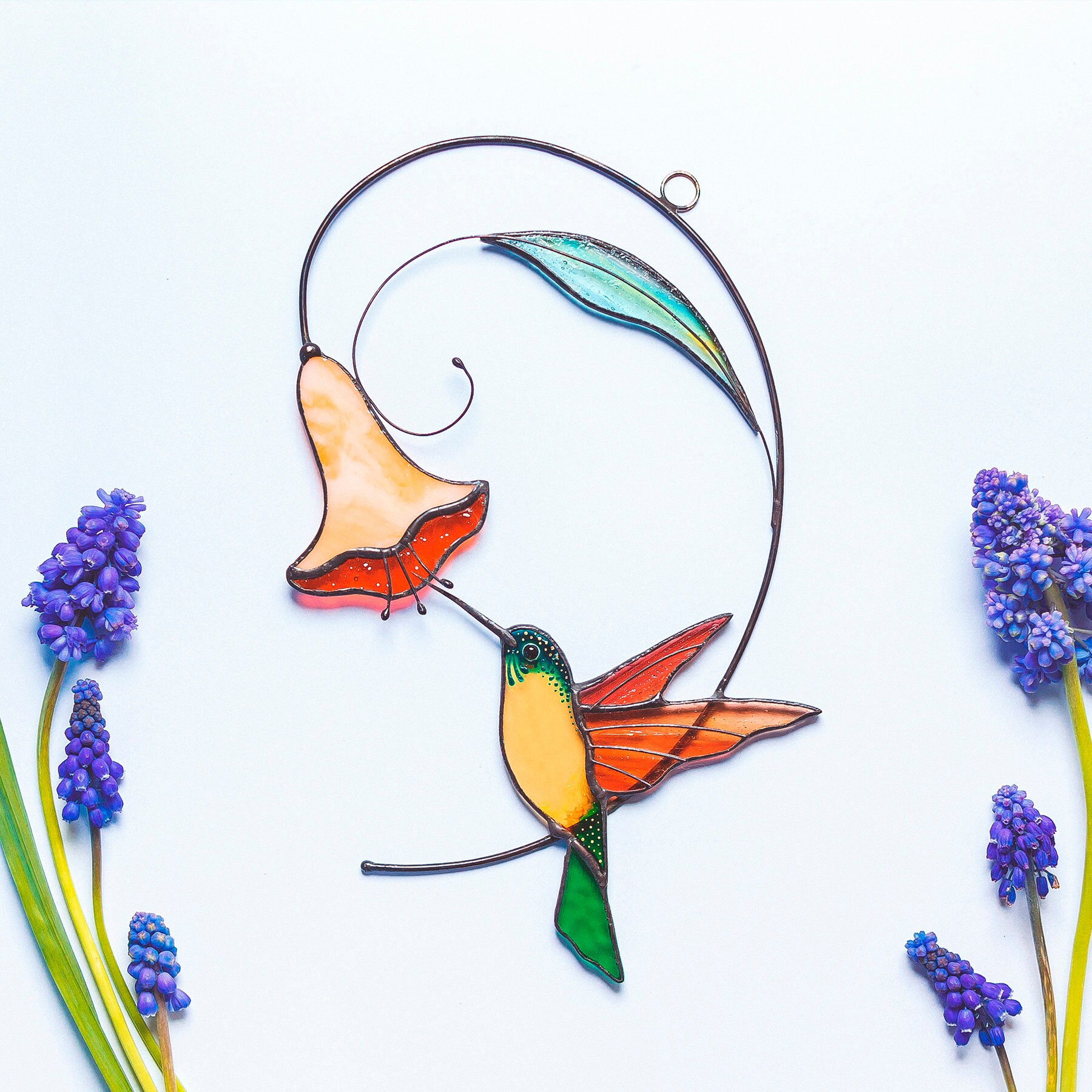 Acchiappasole In Vetro Colorato Viola Con Colibrì, Uccelli E Fiori, Dipinto A Mano, 15 Cm, Regalo Per Finestra Per Amanti Della Natura