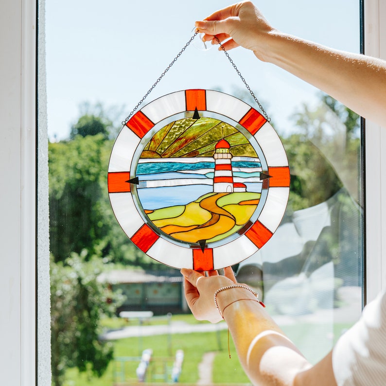 Lighthouse Stained Glass Panel Window Hangings Suncatcher Etsy