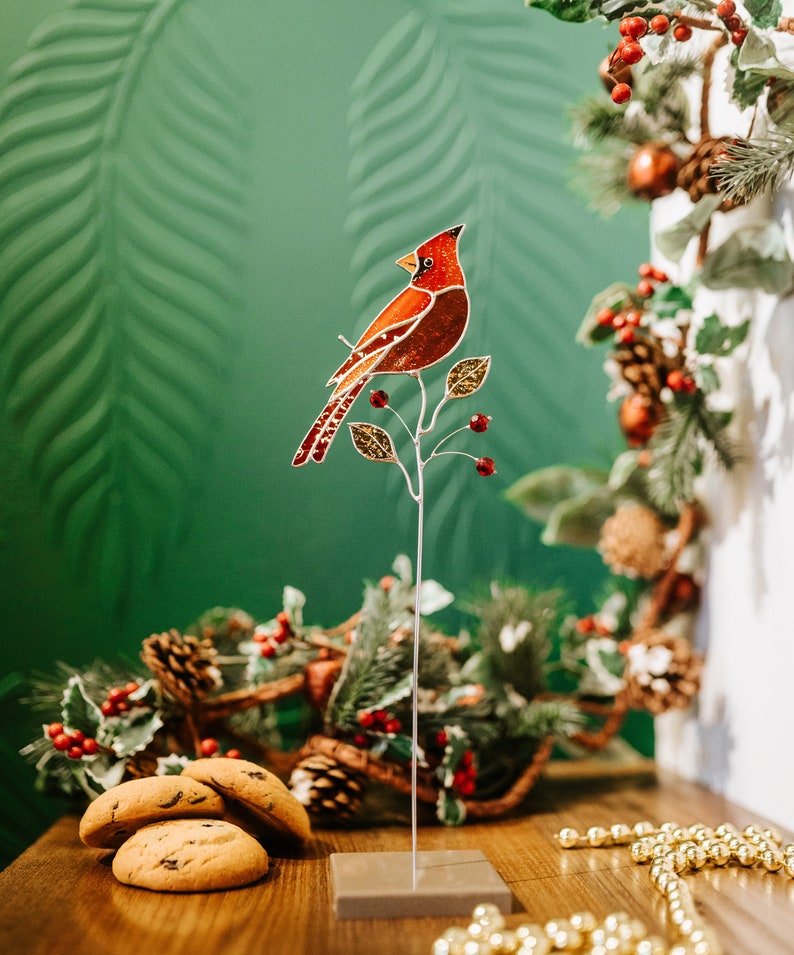 Red cardinal suncatcher Window decor Stained glass home decor Father's Day gift idea Home decor indoor image 5