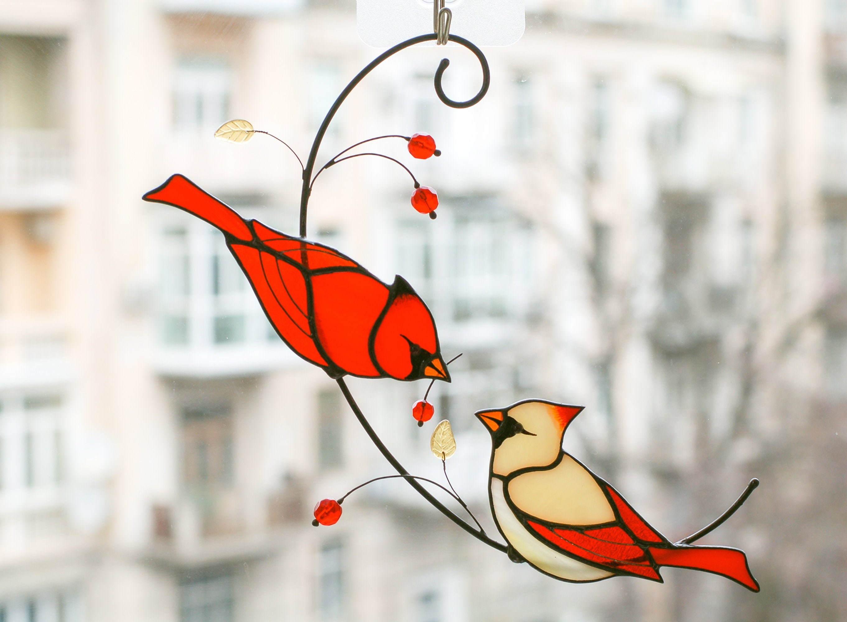 Suncatcher Pair of Red Cardinals stained glass window hanging Etsy
