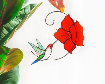 Buntglas-Sonnenfänger Mit Kalifornischen Mohnblumen & Kolibri - 19,8 Cm Rund, Handbemalt, Für Fenster & Garten