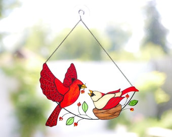 Red cardinals couple stained glass suncatcher Bird lovers gifts Window hanging art Wall decor living room modern farmhouse