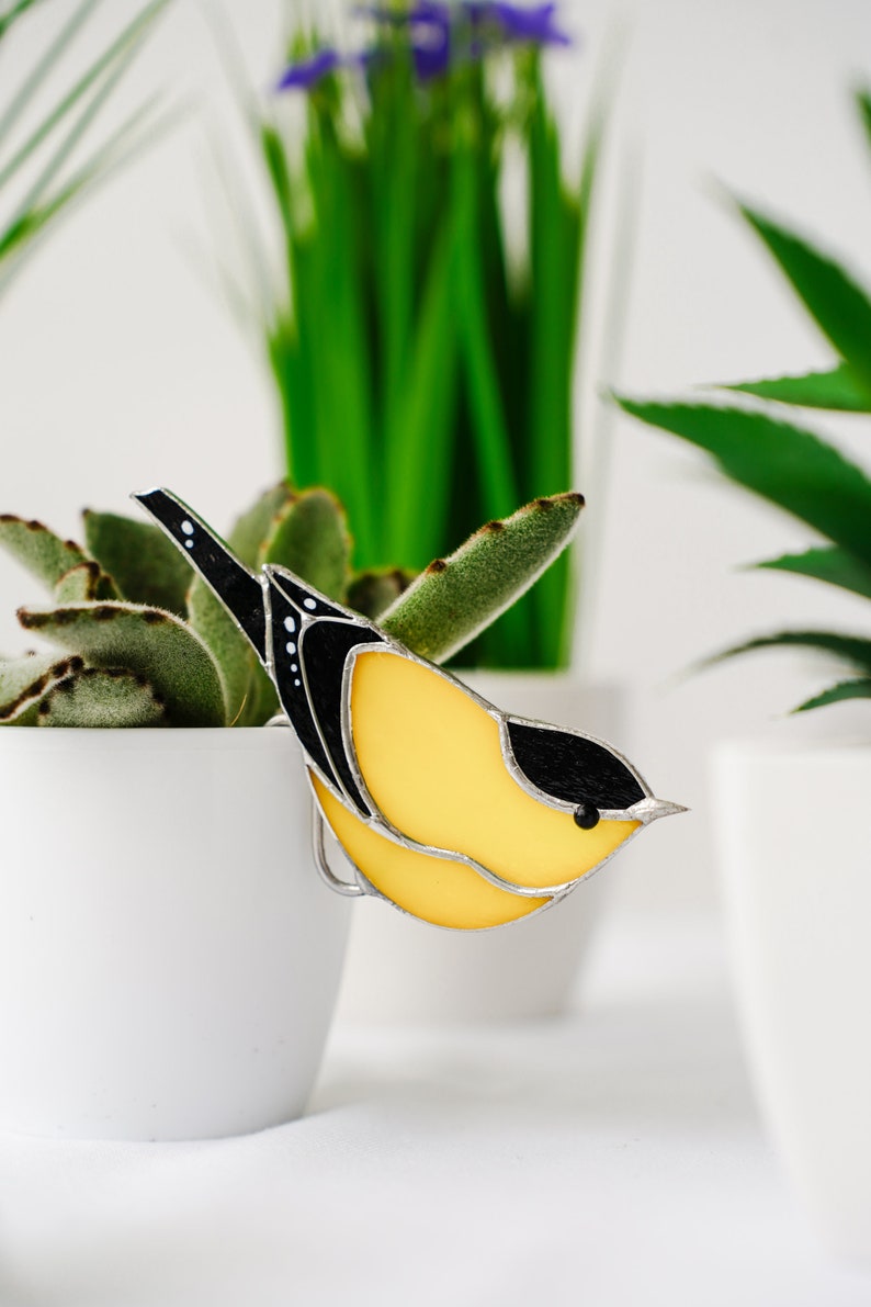 Stained glass Goldfinch bird Cute pot decor Small planter decoration Mother's day gift decor for small plants for shelf image 8