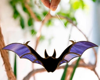 Stained Glass Bat Ornament Suncatcher: Purple Halloween Window Hanging Decor  Friend Gift