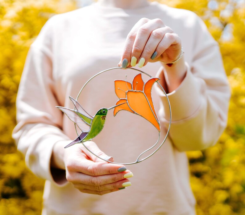 Stained Glass Window Hangings Hummingbird With Flower - Etsy