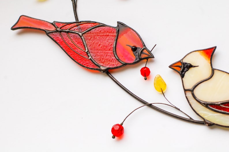 Suncatcher Pair of Red Cardinals Stained Glass Window Hanging Etsy